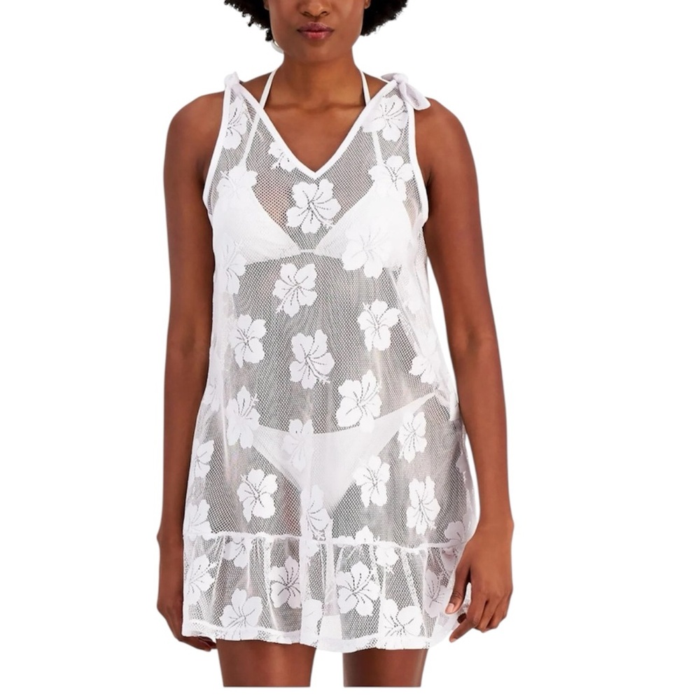 Miken Tie-Shoulder Ruffle-Hem Cover-Up Swim Dress White Floral Mesh